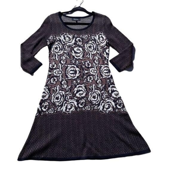 Nine West Knit Long Sleeve Scoop Neck Aline Sweater Dress Herringbone Rosette S - Picture 4 of 11